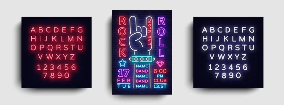 Rock Music Night Party flyer design template. Rock and Roll Neon Sign, Light Stock Illustration