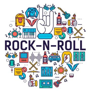 ROCK N ROLL circle outline icons collection set.  Music equipment linear symbol Stock Illustration