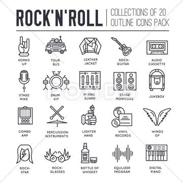 ROCK N ROLL circle outline icons collection set. Music equipment linear symbol Stock Illustrationen