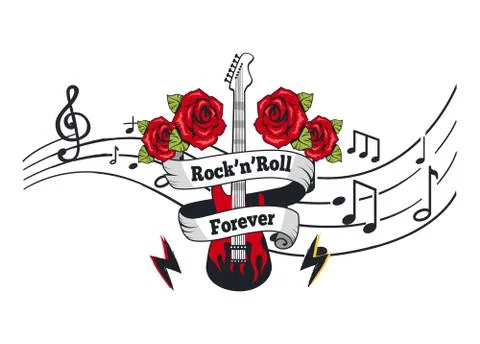 Rock n Roll Forever, Electric Guitar with Roses Stock Illustration