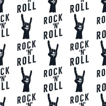 Rock n Roll pattern with hand sign icon and typography elements. Silhouette 스톡 일러스트