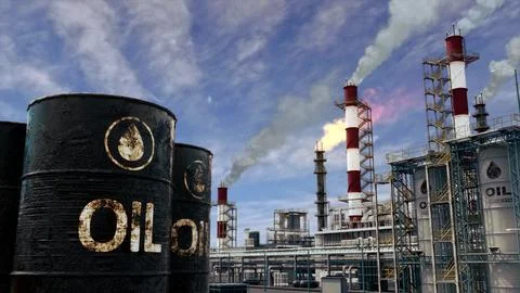 Rock-oil barrels on processing or storage plant bg, fictional Stockillustratie