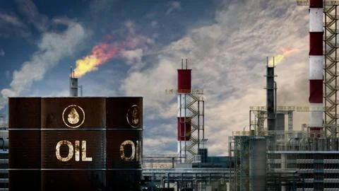 Rock-oil barrels on processing or storage plant backdrop, fictional Illustrazione stock