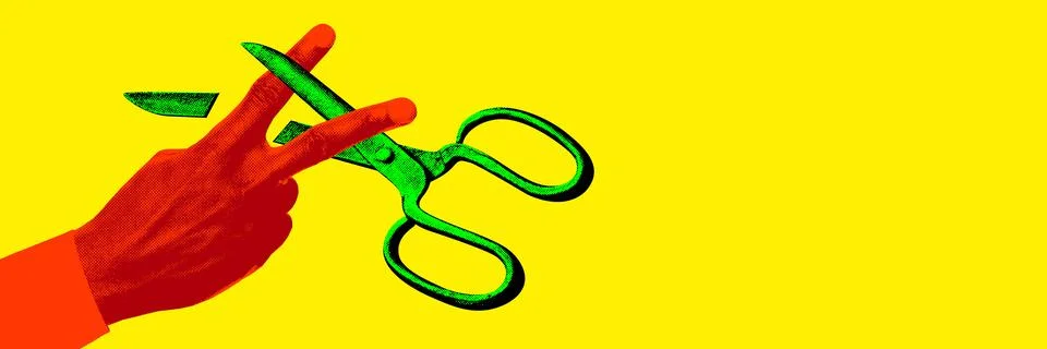 Rock-Paper-Scissors game. Red hand showing scissors gesture with green pair of Stock Illustration