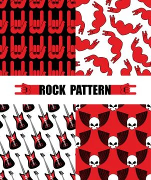 Rock pattern. Set seamless patterns  theme of rock music. Rock hand Symbol ba Stock Illustration