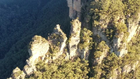 Rock peaks of Three sisters cliffs in Blue Mountains of Australia – aerial 4k. Stock Footage 156687159