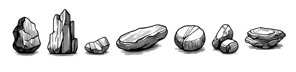 Rock pebble stone line vector engraving outline vector design. Sketch hand drawn Stock Illustration