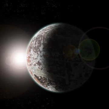 Rock planet from space at sun dawn and stars - Stock Illustration