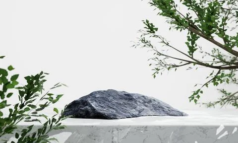 Rock podium on white table background. Natural and cosmetics concept. 3D il.. Ilustração Stock
