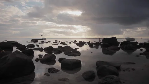 Rock pool sun set panning time lapse. Indian ocean, Mauritius Stock-Footage 140963540