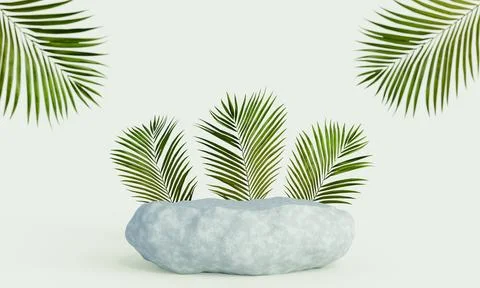 Rock product display podium with tropical leaves background. 3D rendering Stock Photos