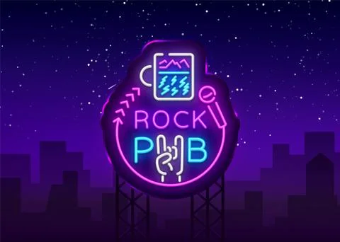 Rock Pub Logo Neon Vector. Rock Bar Neon Sign, Concept with a glass, Bright Stock Illustration