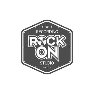 Rock on. Recording studio vector label, badge, emblem logo with musical Illustrazione stock