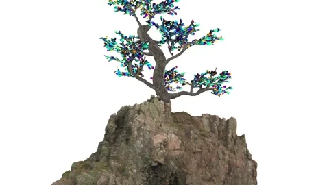 The rock rotates clockwise on a white background, and a tree with holographic Stock Footage 155665742