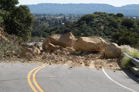 Rock Slide Blocking Road Los Angeles California Stock Photos