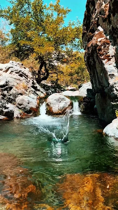 Rock Splashing into Clear Turquoise Mountain Stream (Vertical) Stock Footage 337650542