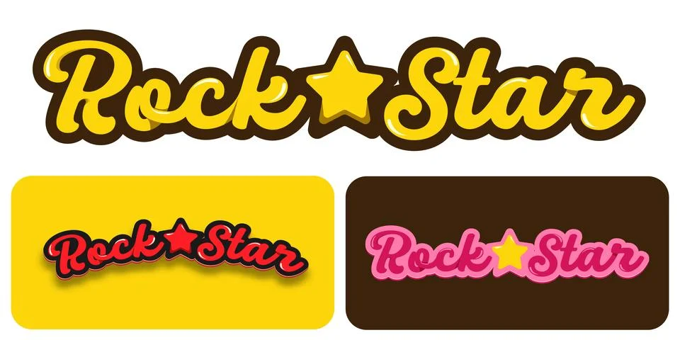 Rock Star handwritten script logo with star icon, set of colorful 3D glossy Ilustración de archivo