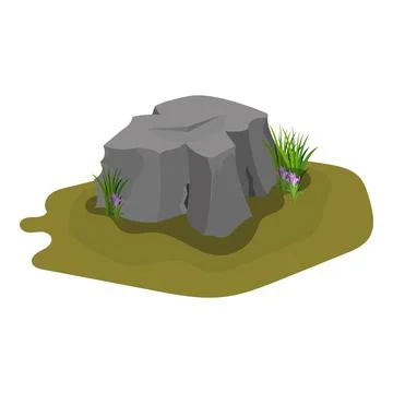 Rock stone with branches of grass and crocus flowers as attractive landscape Stock Illustration