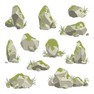 Rock stone formations. Small boulder mountain with grass and moss, big icon with Stock Illustration
