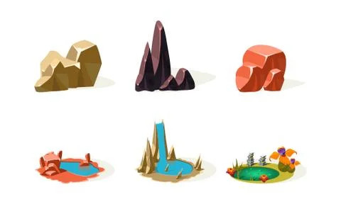 Rock stones, lakes, waterfall, elements of natural landscape, user interface Stock Illustration