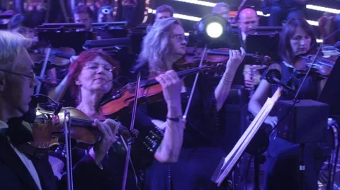 Rock Symphony Group of Violinists is Playing Stringed Instruments in Orchestra Stock Footage 60226376