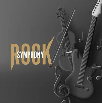 Rock symphony poster with 3d render black guitar and violine in composition w 스톡 일러스트
