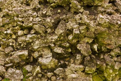 Rock Texture with Rough Moss Covered Wild Stone Surface Close Up Stock Photos