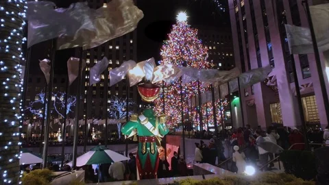 Rockefeller Center Christmas Tree- Gold/Silver Flags in Wind- Toy Soldier Stock Footage 101308545