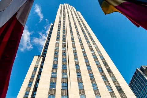 Rockefeller Center with flags 스톡 사진