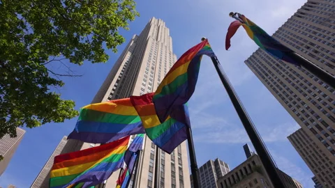 Rockefeller Center with rainbow flags celebrating LGBTQ Pride month. New York Stock-Footage 331574023