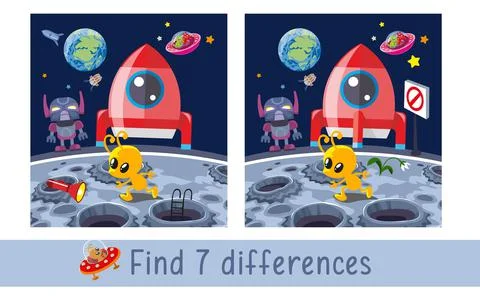 Rocket and alien on moon. Find 7 differences. Game for children. Activity Ilustração Stock