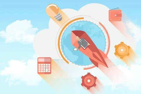 Rocket and apps doodles on blue sky Stock Illustration