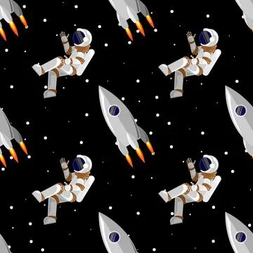 Rocket and astronaut flies in open space seamless pattern Illustrazione stock