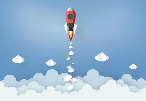 Rocket and cloud in the  blue sky with paper art design , vector design eleme Stock Illustration