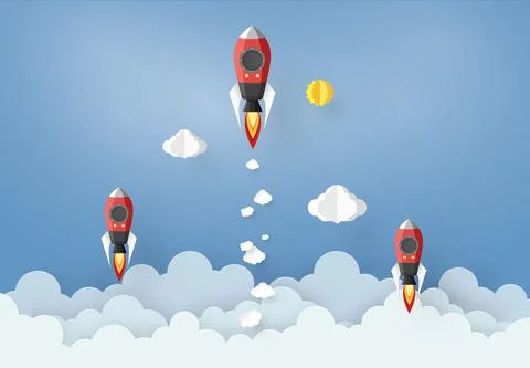 Rocket and cloud the  blue sky with paper art design , vector design element  Stock Illustration