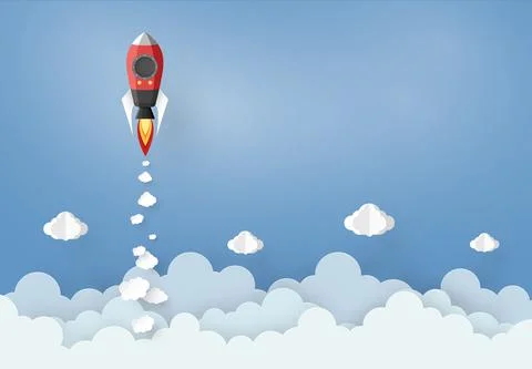 Rocket and cloud in the  blue sky with paper art design , vector design eleme Stock Illustration