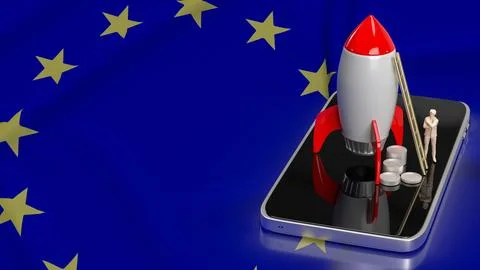 The rocket and coins on mobile eu flag background  for Business concept 3d .. Stock Illustration