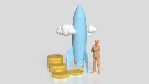 The Rocket and coins for Startup concept 3d Rendering. Stock Illustration