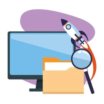 Rocket and computer with folder and magnifying glass Stock Illustration