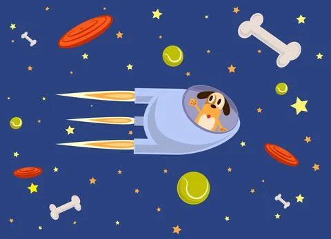Rocket and dog fly into space, flat style. Stock Illustration