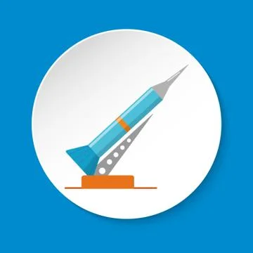 Rocket and launch pad icon in flat style on round button Stock Illustration