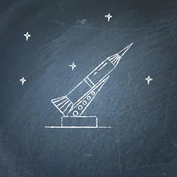 Rocket and launch pad icon on chalkboard Stock Illustration