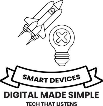 A rocket and a light bulb are on a banner that says "Smart Devices Made Simpl Stock Illustration
