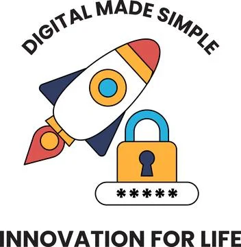 A rocket and a lock with the words digital made simple innovation for life Stock Illustration