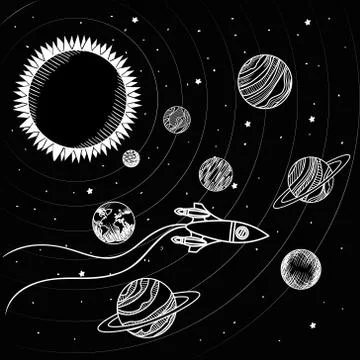 Rocket and planets draws of solar system design Stock Illustration