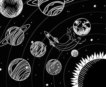 Rocket and planets draws of solar system design Stock-Illustration