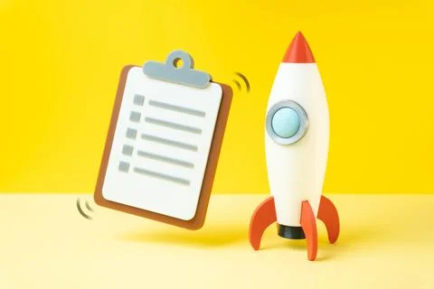 A rocket and a pre launch checklist representing startup readiness and proj.. Stock Photos