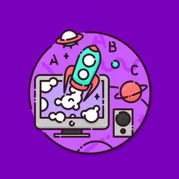 Rocket and ufo flying from computer screen vector Stock Illustration