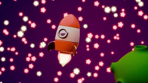 Rocket approaching green planet with bright pink stars in space loop Stock Footage 313400963