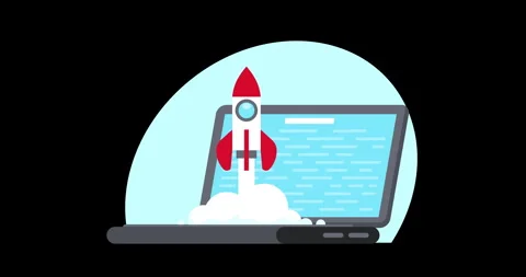 Rocket ascends from laptop screen amid clouds Stock Footage 334238828